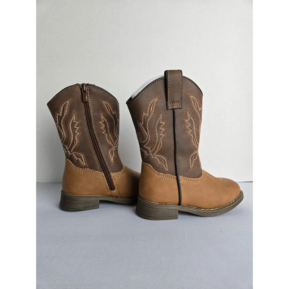 Kids Brown Western Cowboy Boots Side Zip Square Toe Size 6 Toddler